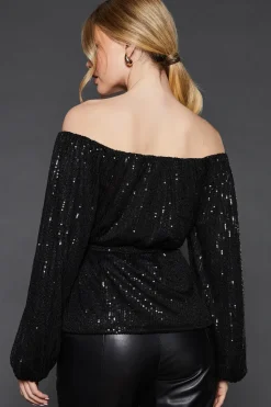 Sequin Bardot Long Sleeve Blouse
