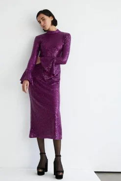 Sequin Bell Sleeve Funnel Neck Midi Dress