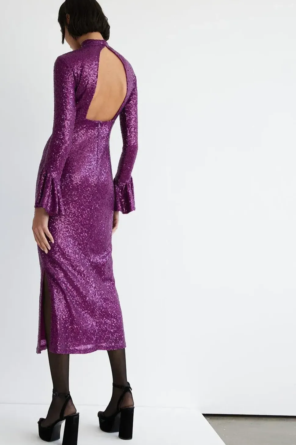 Sequin Bell Sleeve Funnel Neck Midi Dress