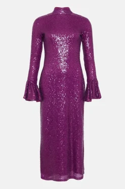 Sequin Bell Sleeve Funnel Neck Midi Dress