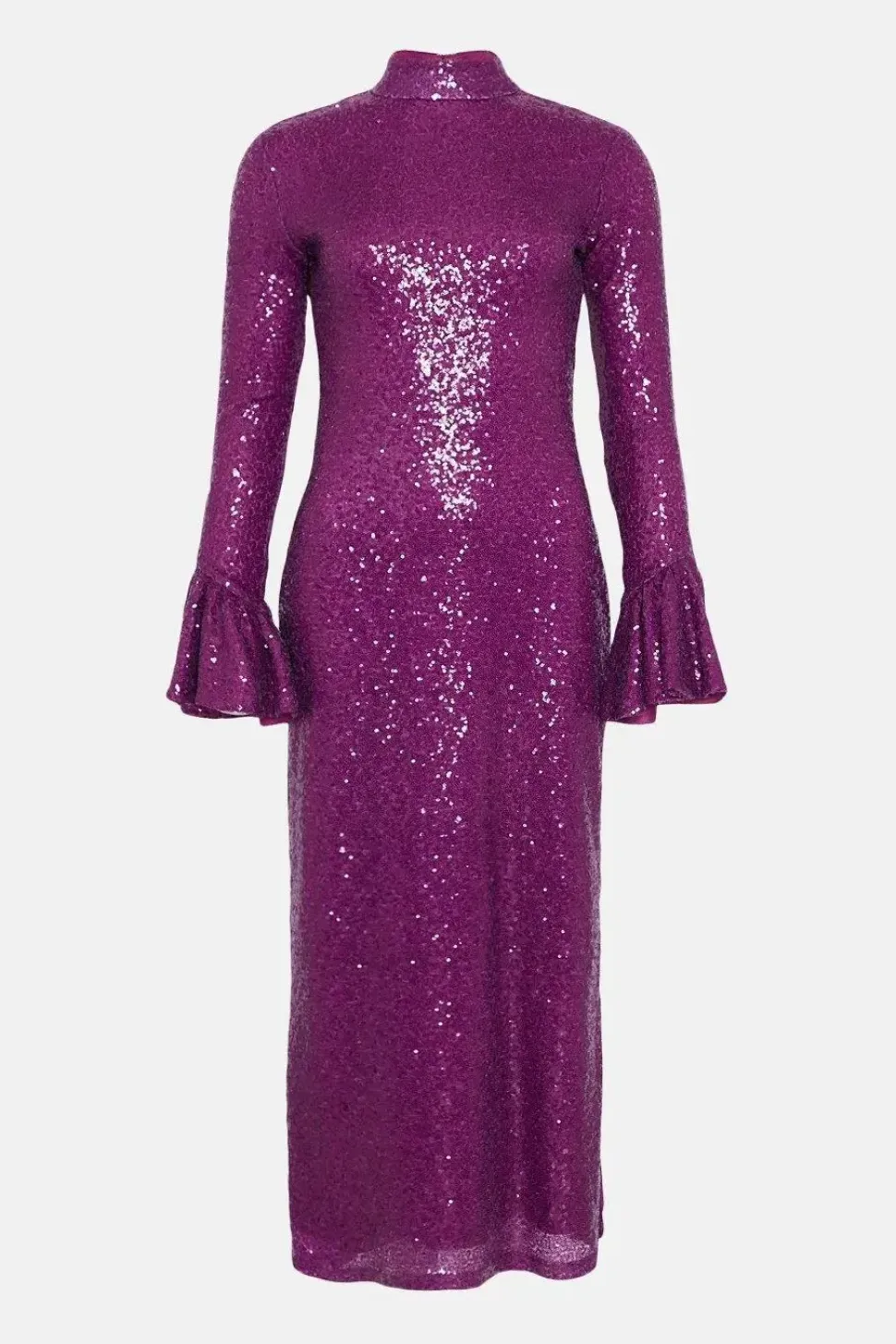 Sequin Bell Sleeve Funnel Neck Midi Dress