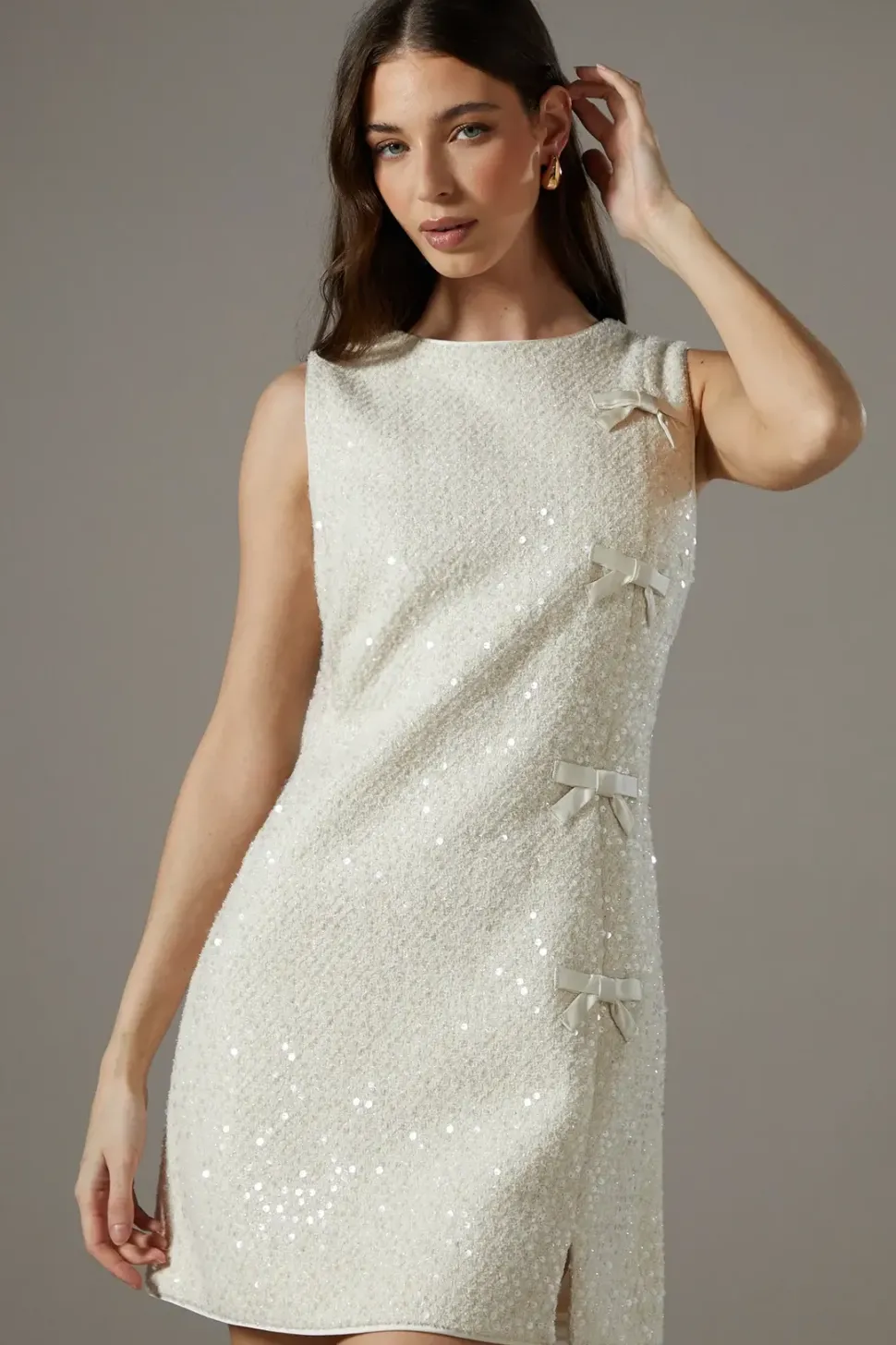 Sequin Boucle Shift Dress With Bows