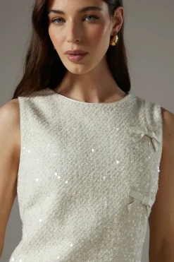 Sequin Boucle Shift Dress With Bows