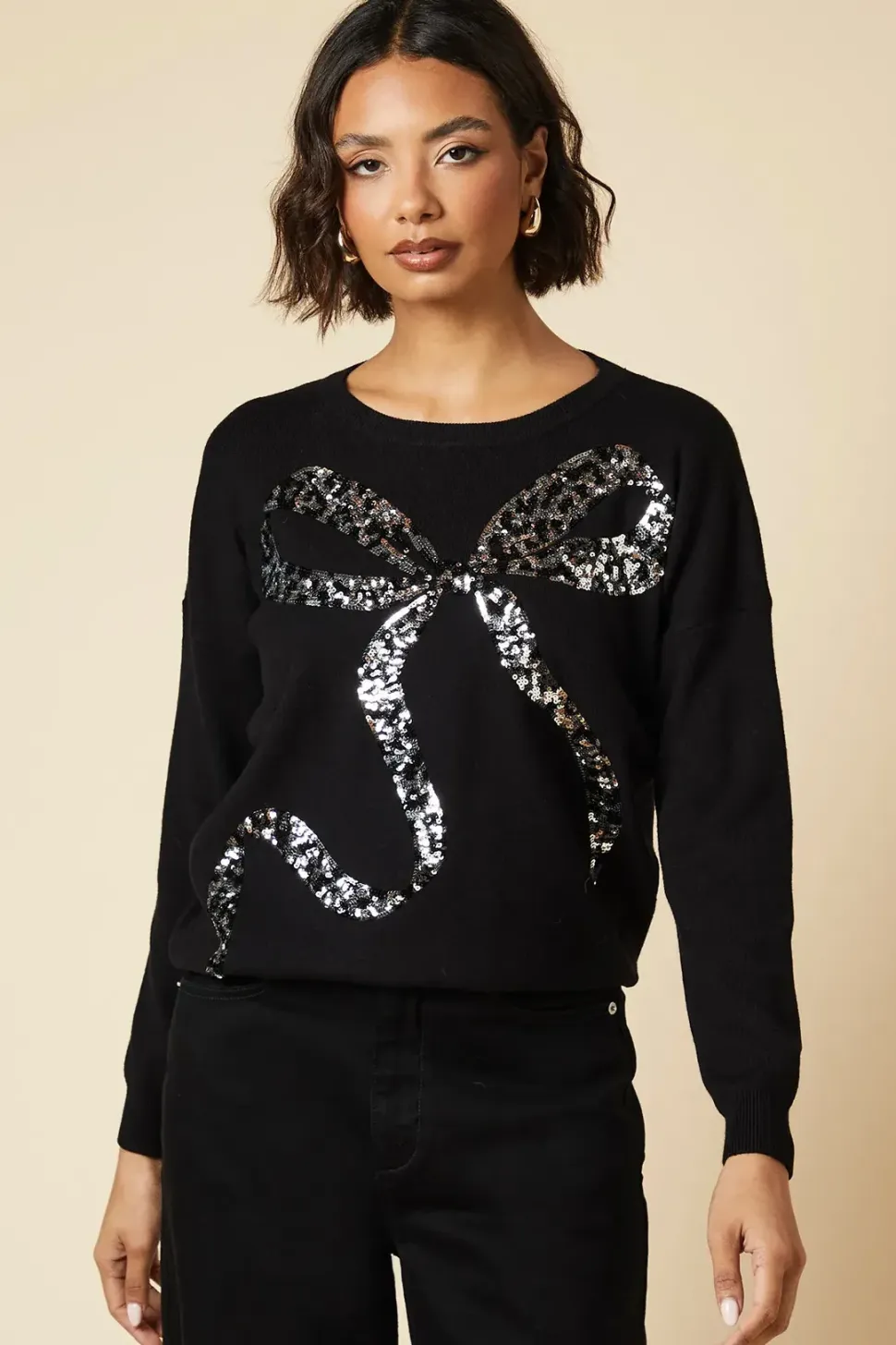 Sequin Bow Christmas Crew Neck Jumper
