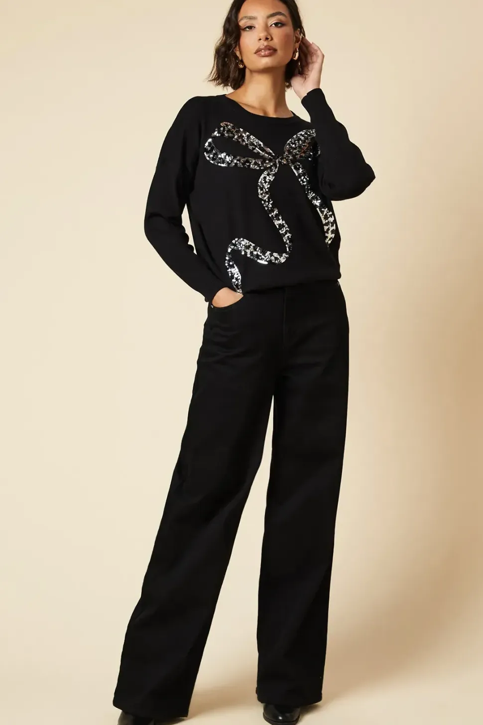Sequin Bow Christmas Crew Neck Jumper