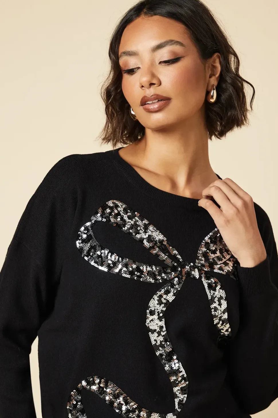 Sequin Bow Christmas Crew Neck Jumper