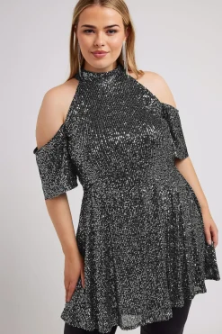 Sequin Cold Shoulder Peplum Top