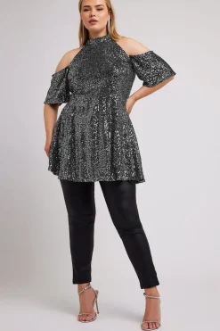 Sequin Cold Shoulder Peplum Top