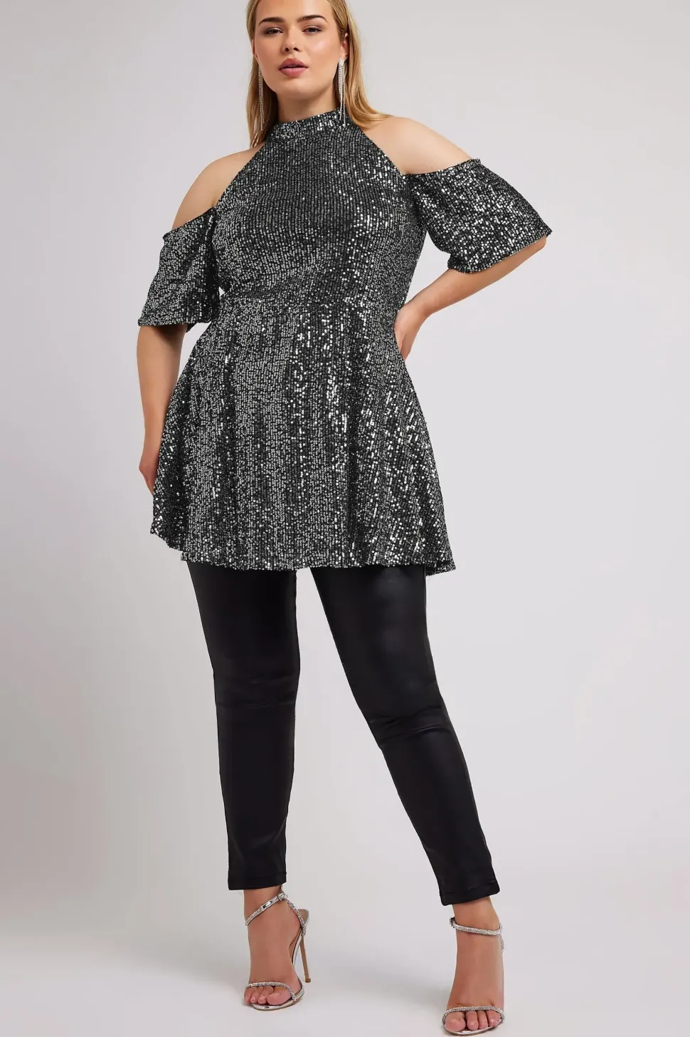 Sequin Cold Shoulder Peplum Top