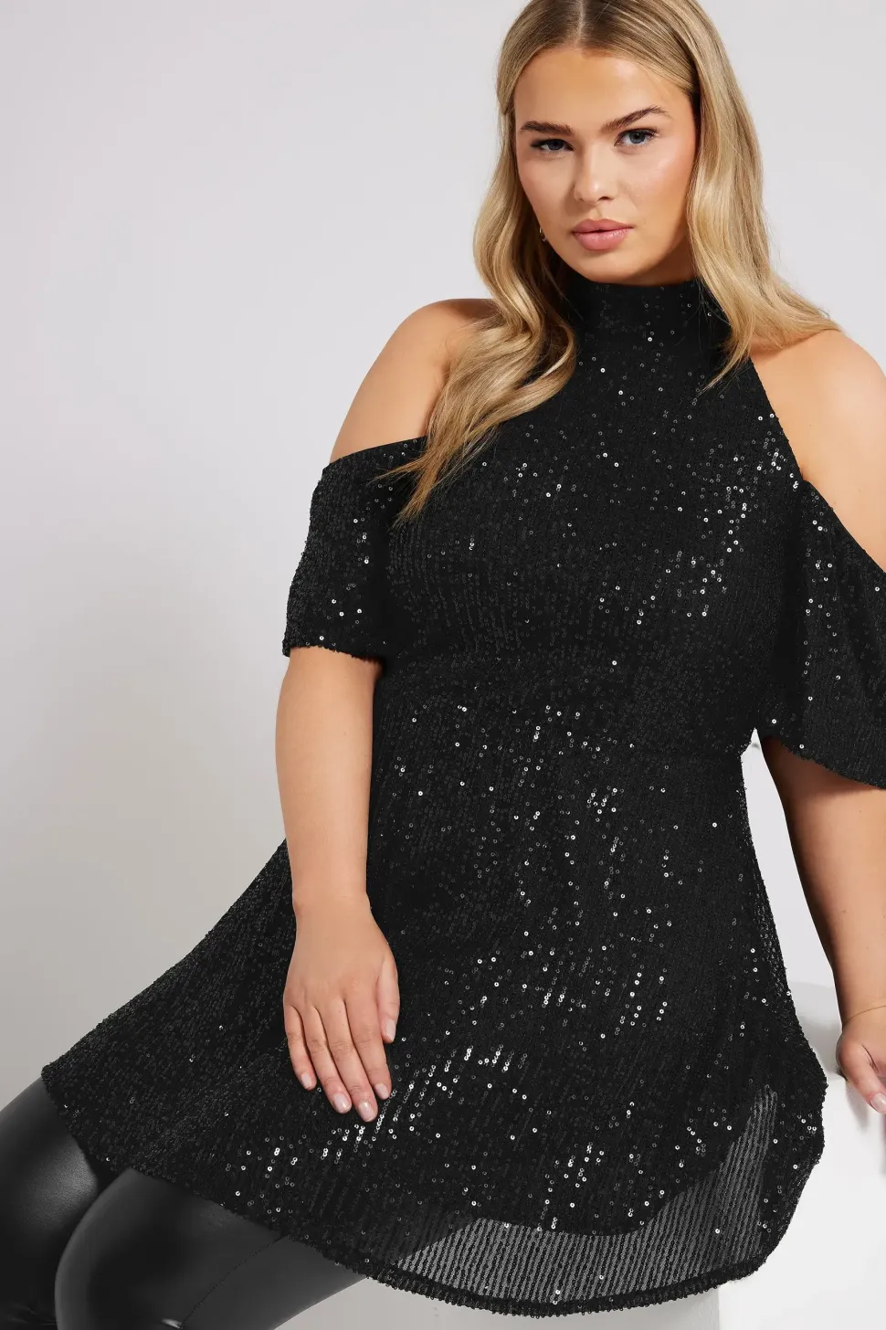 Sequin Cold Shoulder Peplum Top