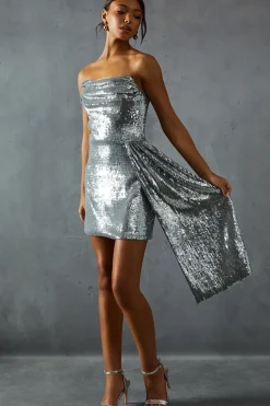 Sequin Corseted Bandeau Draped Bodycon Mini Dress