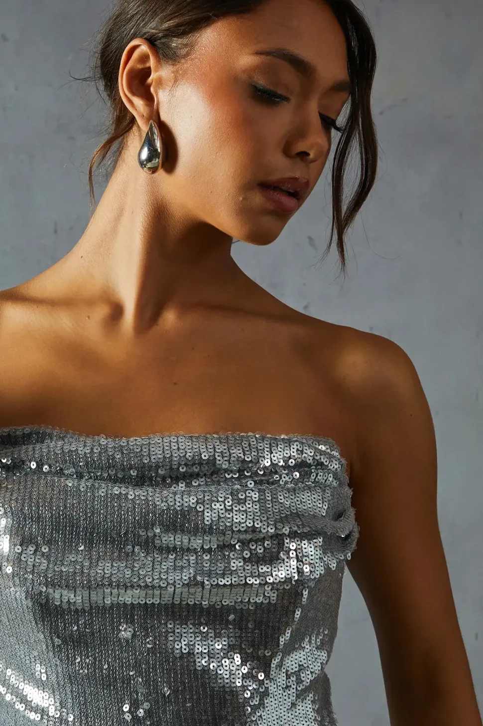 Sequin Corseted Bandeau Draped Bodycon Mini Dress