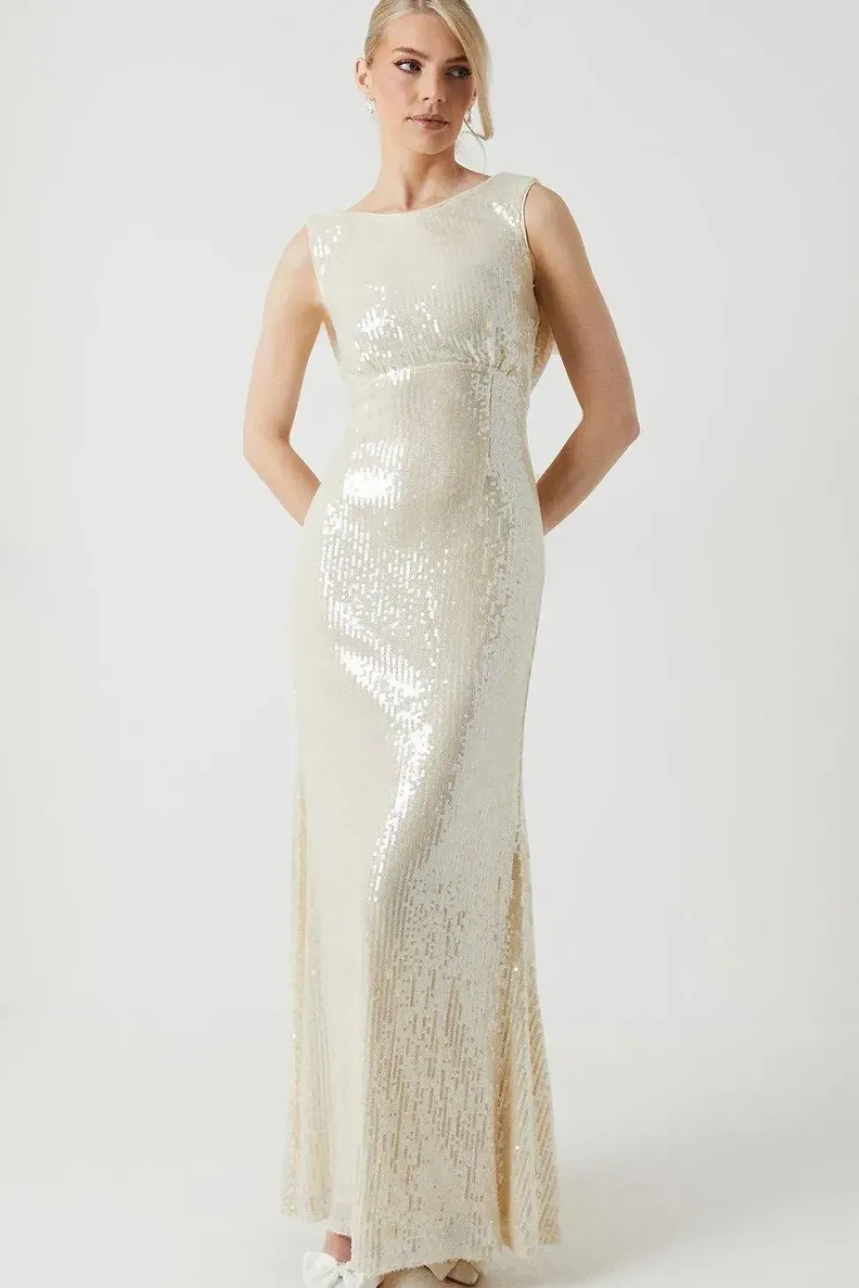 Sequin Cowl Back Wedding Dress