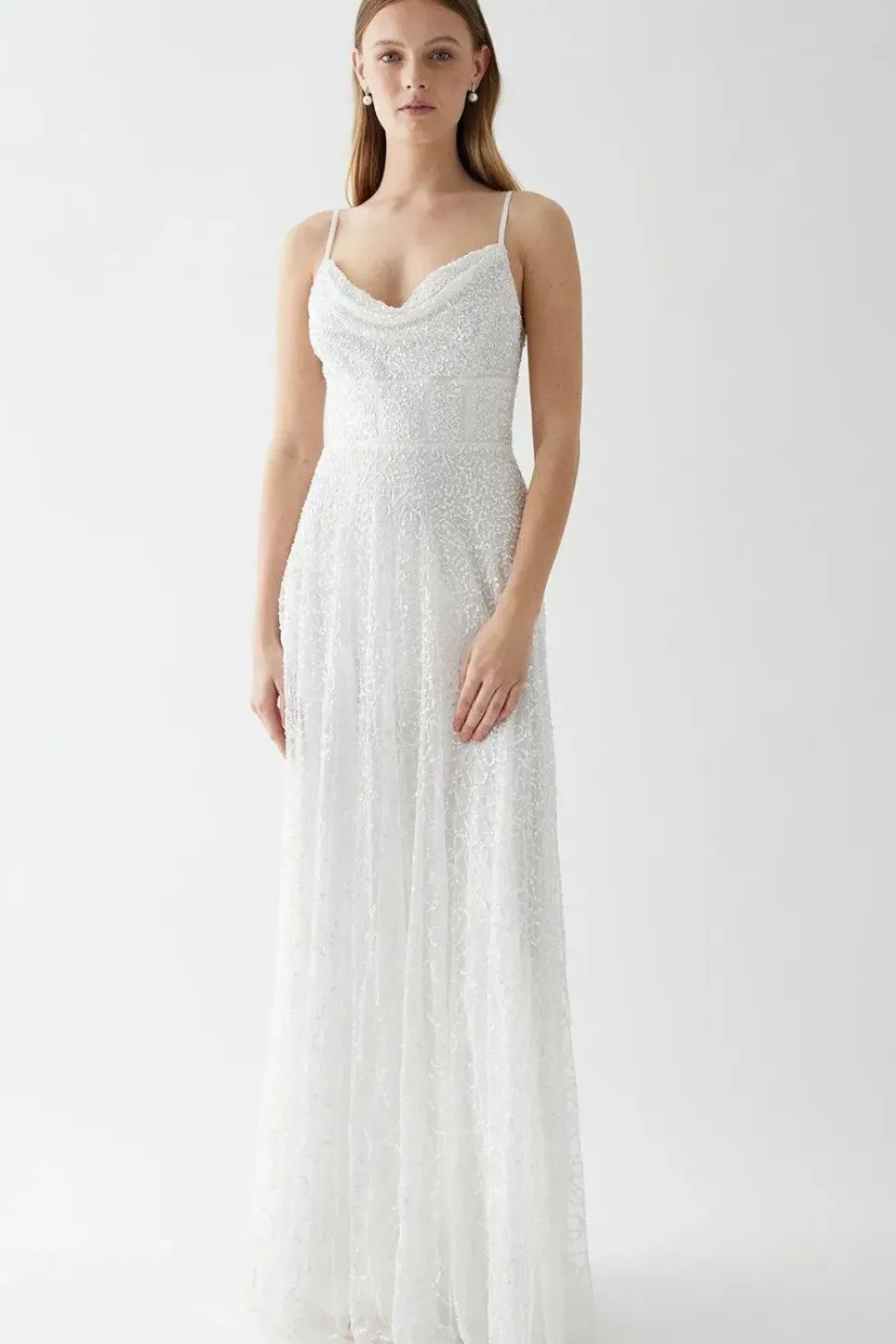 Sequin Cowl Neck Full Skirted Wedding Dress