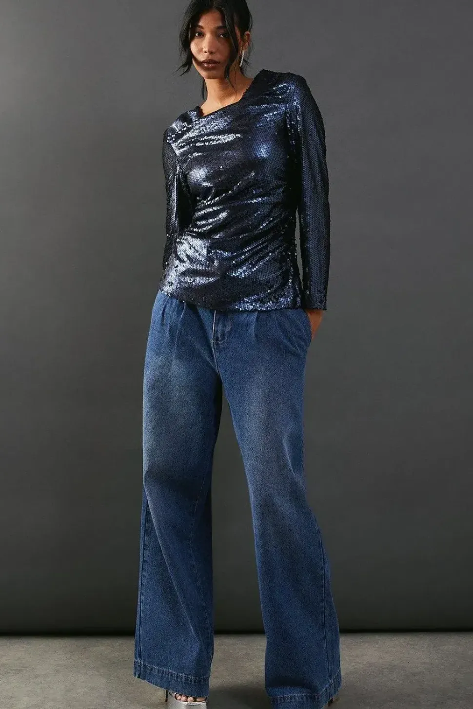 Sequin Cowl Neck Ruched Top