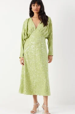Sequin Crinkle Batwing Plunge Neck Midi Dress