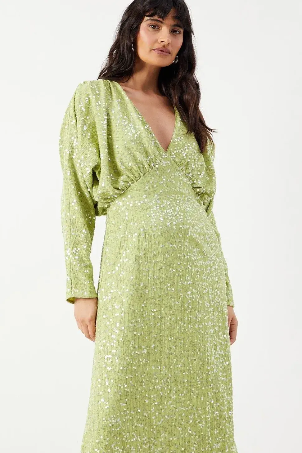 Sequin Crinkle Batwing Plunge Neck Midi Dress