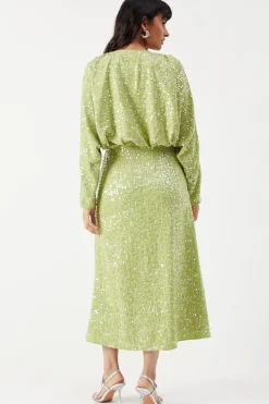 Sequin Crinkle Batwing Plunge Neck Midi Dress