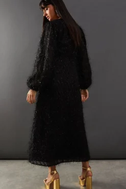 Sequin Embellished Fluffy Plunge Neck Midi Dress