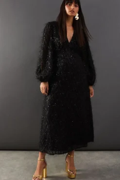 Sequin Embellished Fluffy Plunge Neck Midi Dress