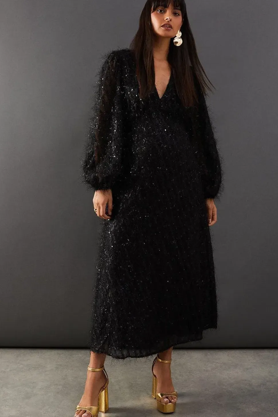 Sequin Embellished Fluffy Plunge Neck Midi Dress