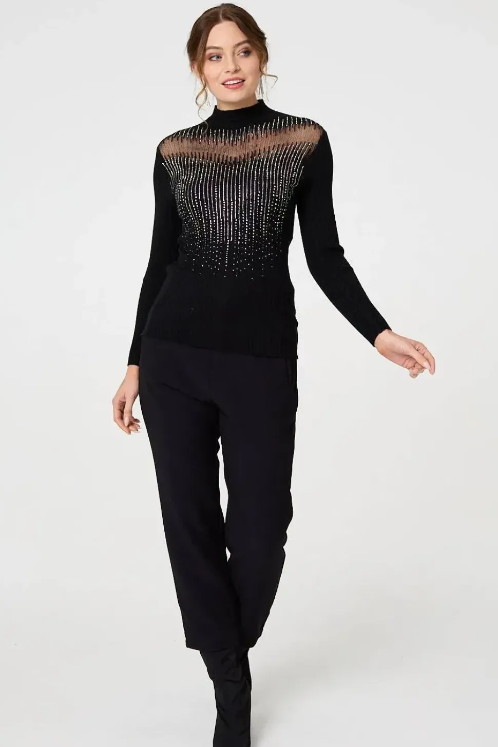 Sequin Embellished High Neck Knit Top