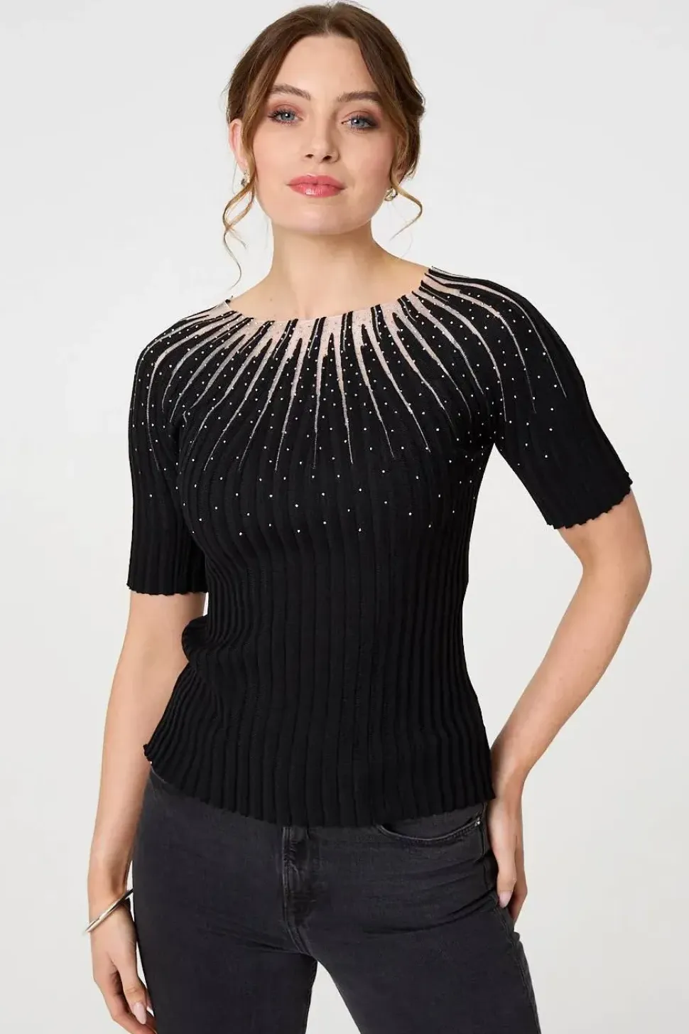 Sequin Embellished Short Sleeve Knit Top
