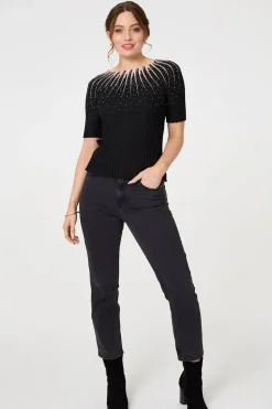 Sequin Embellished Short Sleeve Knit Top