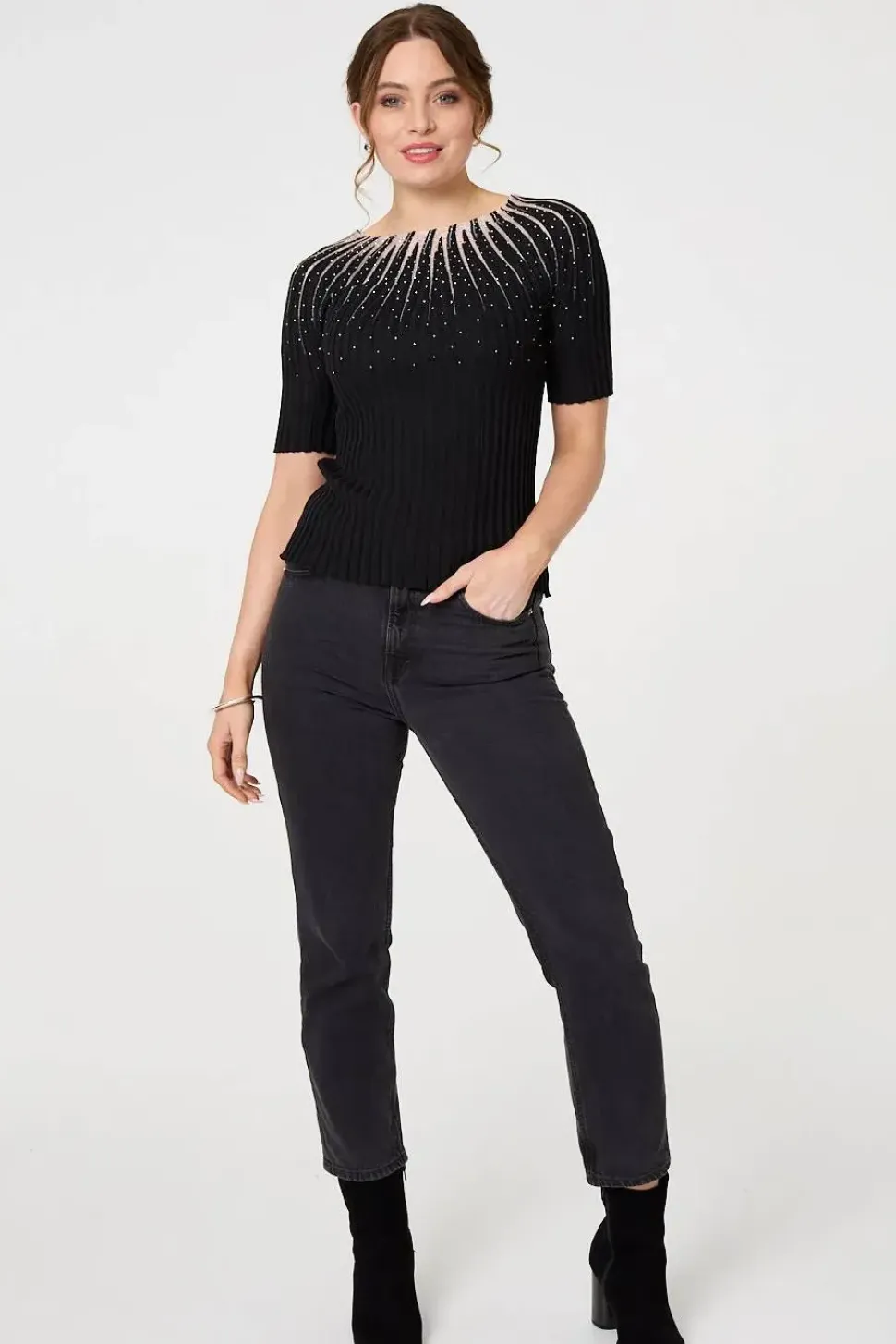 Sequin Embellished Short Sleeve Knit Top