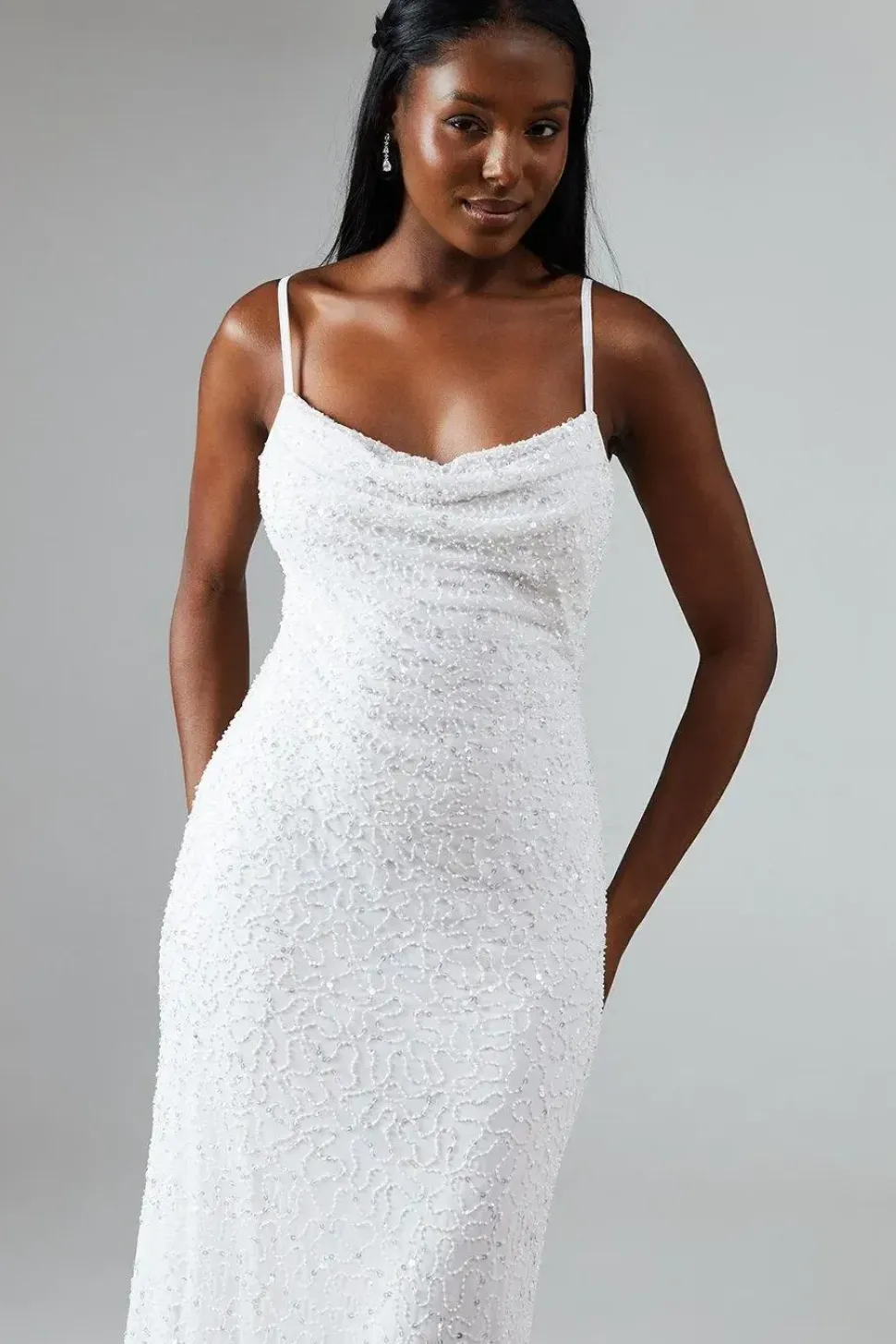 Sequin Embellished Strappy Cowl Back Wedding Dress