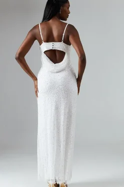 Sequin Embellished Strappy Cowl Back Wedding Dress