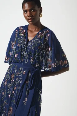 Sequin Embellished Trailing Floral Wrap Wedding Guest Dress
