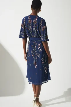 Sequin Embellished Trailing Floral Wrap Wedding Guest Dress
