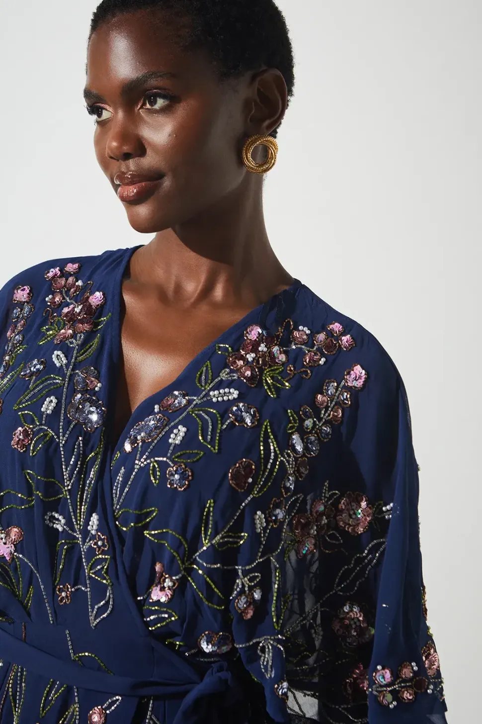 Sequin Embellished Trailing Floral Wrap Wedding Guest Dress
