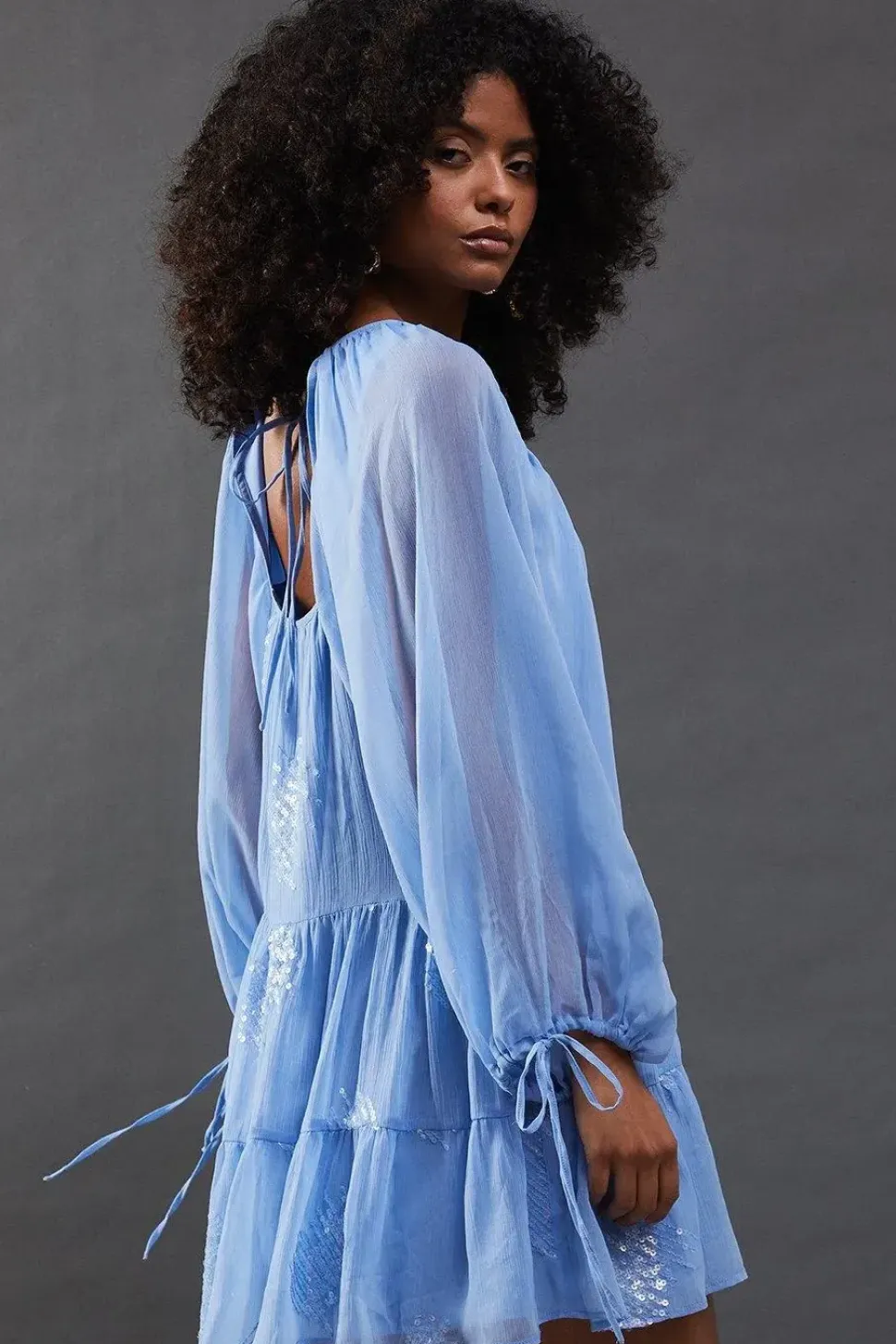 Sequin Embellished Volume Sleeve Mini Smock Dress