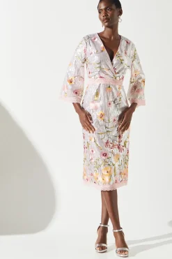 Sequin Embroidered Wrap Front Midi Dress
