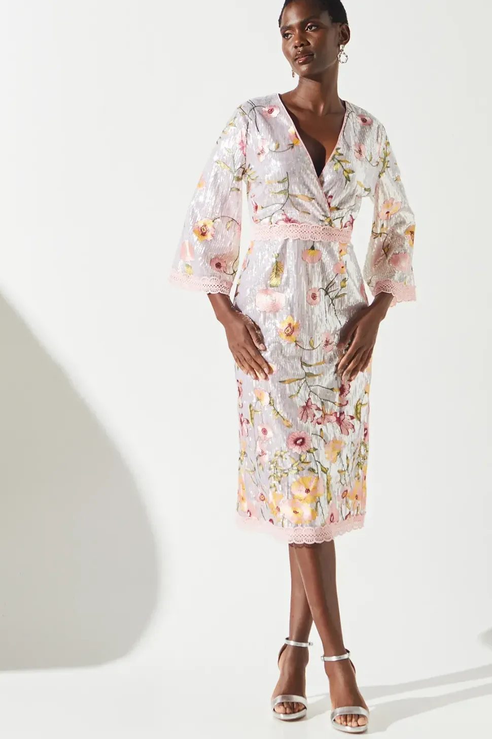 Sequin Embroidered Wrap Front Midi Dress
