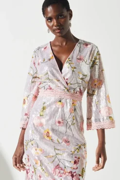 Sequin Embroidered Wrap Front Midi Dress