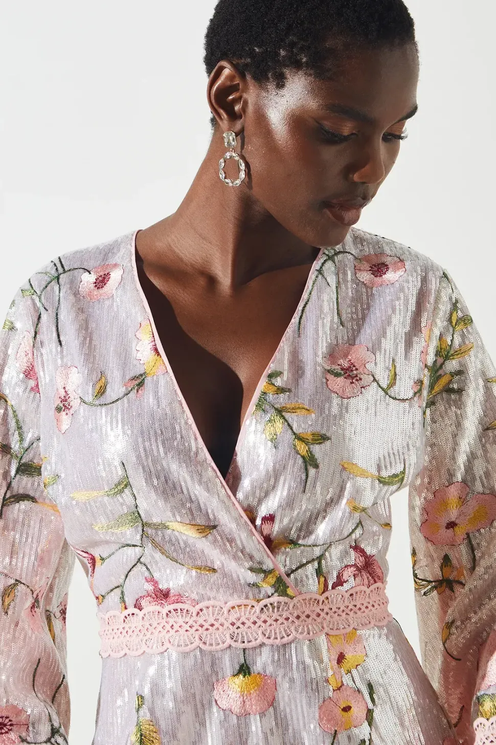 Sequin Embroidered Wrap Front Midi Dress