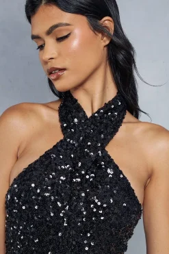 Sequin Halter Neck Cowl Back Flared Leg Jumpsuit