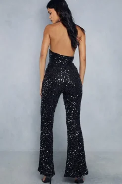 Sequin Halter Neck Cowl Back Flared Leg Jumpsuit