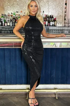 Sequin Halter Neck Draped Wrap Midi Dress
