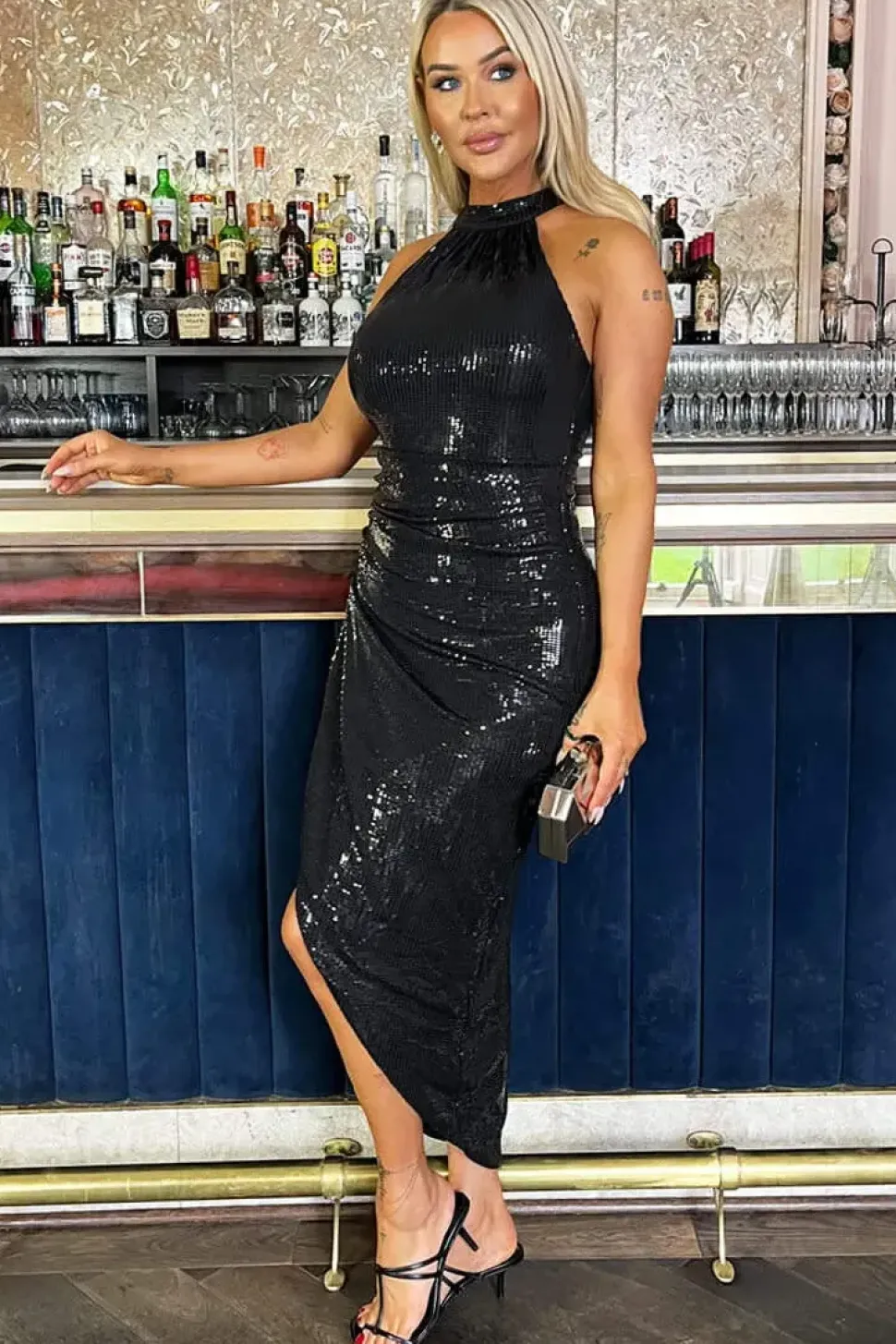 Sequin Halter Neck Draped Wrap Midi Dress