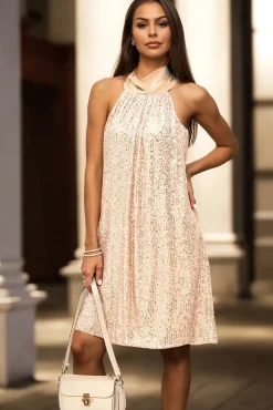 Sequin Halter Neck Tie Back Mini Dress In Gold