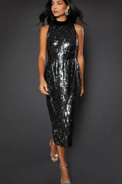 Sequin High Neck Sleeveless Midi Dress