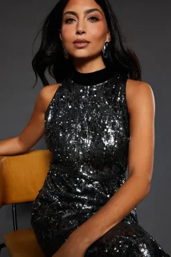 Sequin High Neck Sleeveless Midi Dress