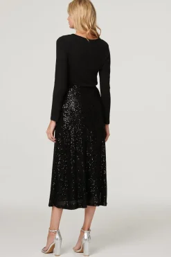 Sequin High Waist Semi Sheer Midi Skirt