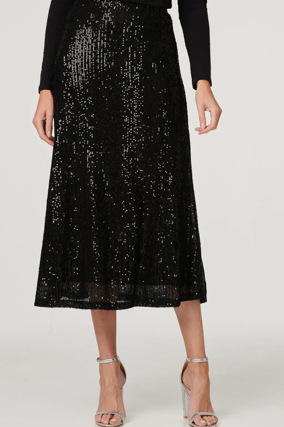 Sequin High Waist Semi Sheer Midi Skirt