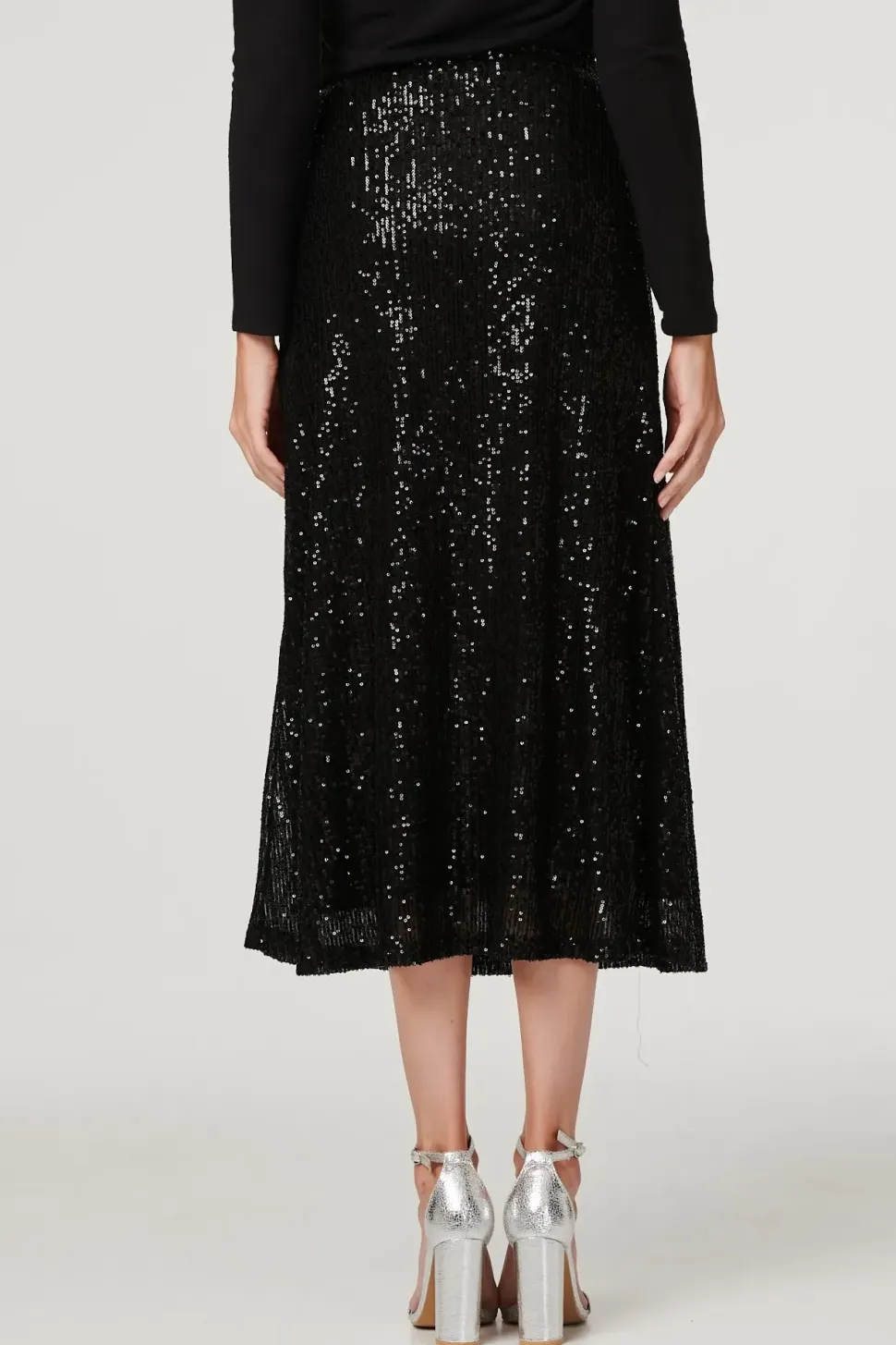 Sequin High Waist Semi Sheer Midi Skirt
