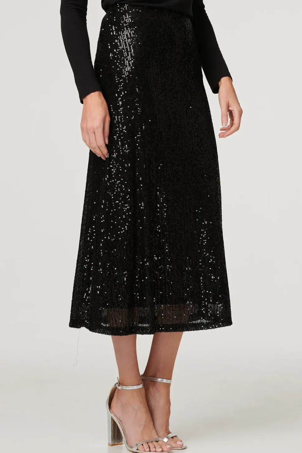 Sequin High Waist Semi Sheer Midi Skirt